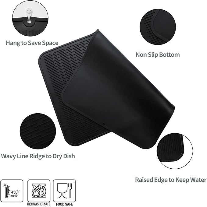 MicoYang Silicone Dish Drying Mat for Multiple UsageEasy cleanEco-friendlyHeat-resistant Silicone Mat for Kitchen Counter or SinkRefrigerator or Drawer Liner Black 3XL 28 inches x 18 inches