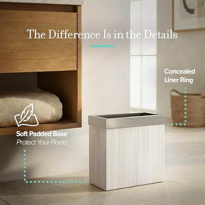 Gatco Small Bathroom Trash Can with Lid Rectangle 3 Gallon Wastebasket Under Sink White Oak with Satin Nickel for Bathroom Bedroom Office (1943SN)