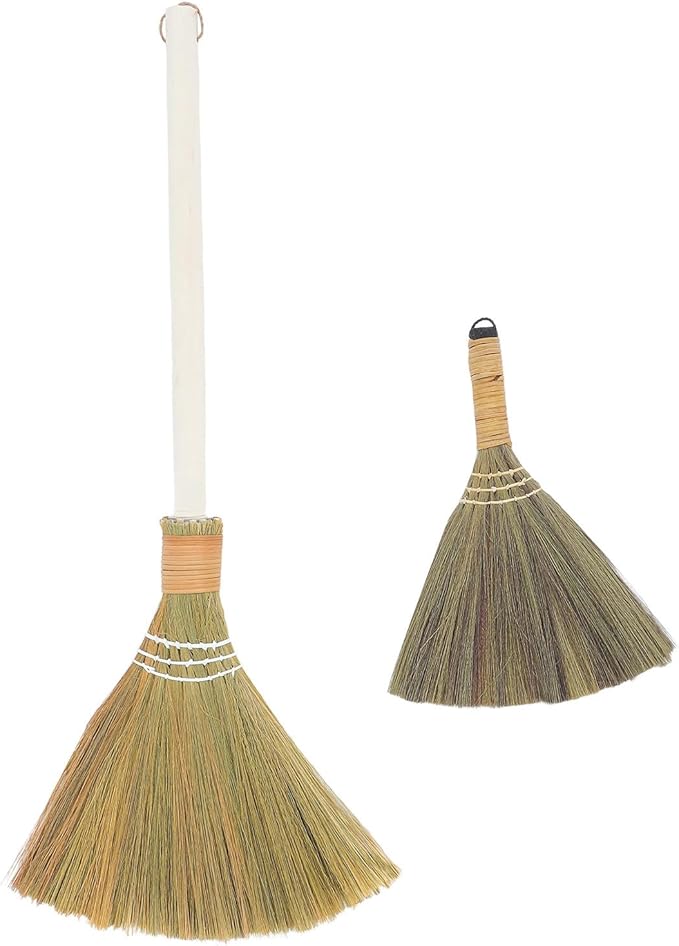 Uonlytech 2pcs Handmade Straw Brooms with Detachable Handles Soft Bristles Handheld Dust Sweepers for Indoor Living Room Cleaning Lightweight 0.28kg Small and Large Size Set