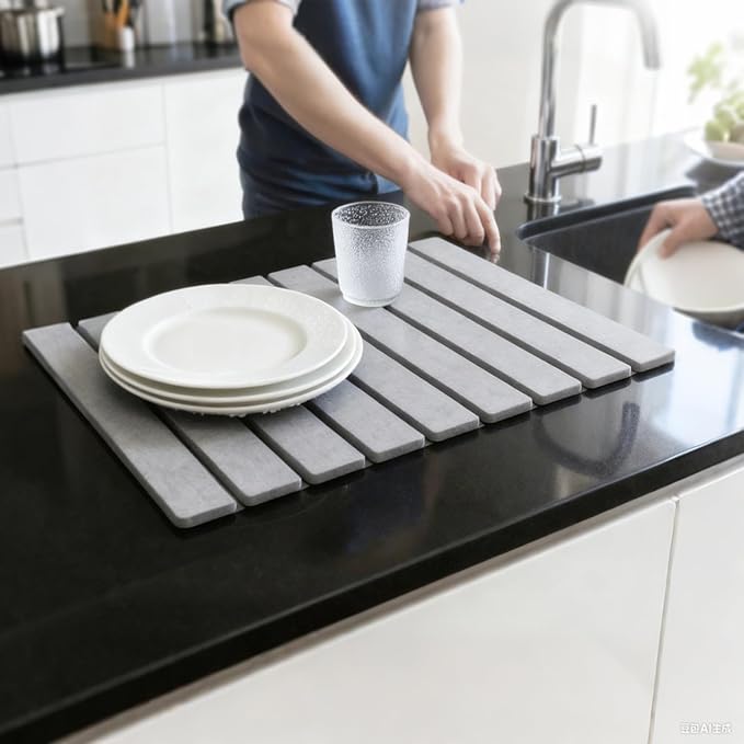 Large Stone Dish Drying Mat for Kitchen Counter 24×16 – Quick Drying Diatomaceous Earth Super Non-Slip Absorbent Birthday Gfts for Women Mom Grandma (2PCS Dark Gray 24 x 16&amp 8 x4 )