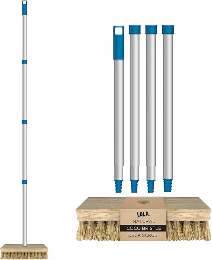 LOLA Deck Scrub Brush 9 x 3.5 Head w/Natural Coco Bristles for Outdoor Cleaning Removes Dirt &amp Grime from Patios Decks Grout 1 Count