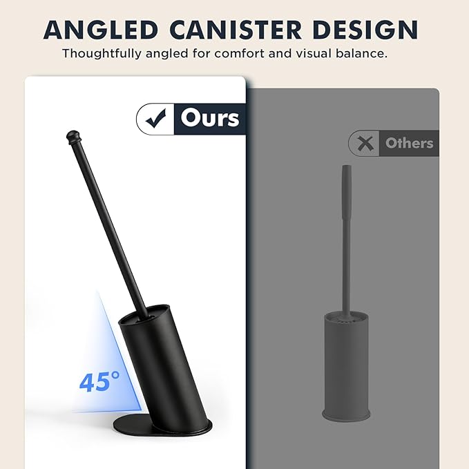 Toilet Brush and Holder Set Stainless Steel Toilet Bowl Brush with 16.5 Long-Reach Handle Tilted Canister with Concealed Brush Head &amp Anti-Splash Shield for Bathroom Cleaning 1 Spare Head Incl