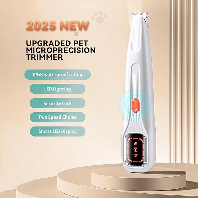 2026 New Pet Precision Trimmer Dog Paw Trimmer with LED Light Low Noise IP68 Waterproof Dual-Speed Motor Suit for Trimming Paw Ear Face Butt Eyebrows USB Rechageble (White Variant)
