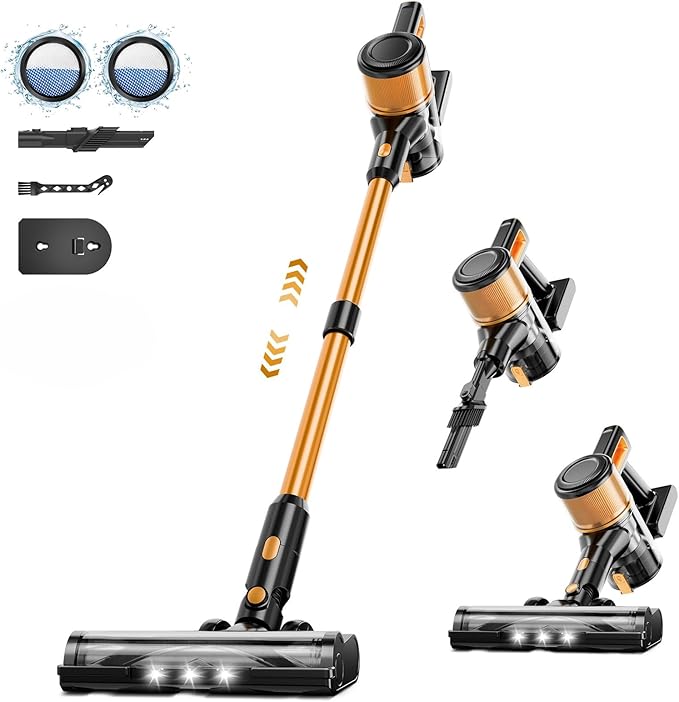 KIKETECH Vacuum Cleaners for Home Car Hardwood Floor Carpet and Pet Hair. Anti-Hair Entanglement and Dust Filtration Technology. Lightweight one-Handed Handheld (Gold)