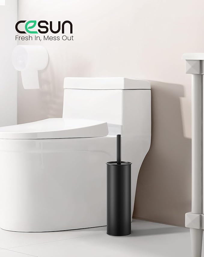 Cesun Toilet Brush and Holder Set - Curved Design Toilet Brush for Deep Cleaning Under Rim 304 Stainless Steel Toilet Bowl Brush and Holder for Bathroom Rv Black(2 Replaceable Brush Head Included)