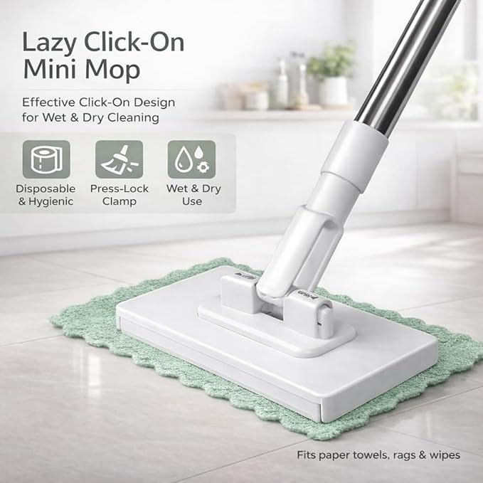 Convenient Cloth Changing Mini Mop Snap Grip Zero Touch Mini Mop(with 10 Cloth)Reusable  Wash-Free Minimop for Gaps &amp Multi-Surface 38inch Retractable and Adjustable (1PC)(White 28″)