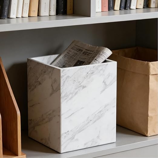 White Marble Wastebasket Natural Rectangular Trash Can Luxury Durable Real Stone Storage Basket Elegant Garbage Container for Bathroom Home Office Living Room