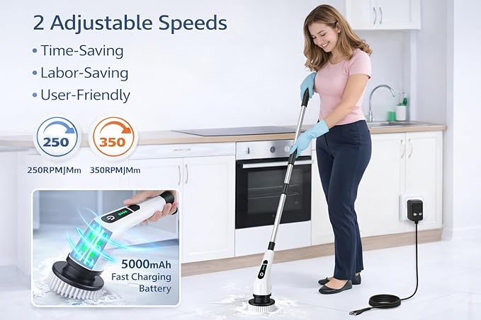 Electric Spin Scrubber Cordless Cleaning Brush - 8 Replaceable Brush Heads-90Mins Work Time 3 Adjustable Size 2 Speeds for Bathroom Shower Bathtub Glass Car with 18W Fast Charger Included (White)