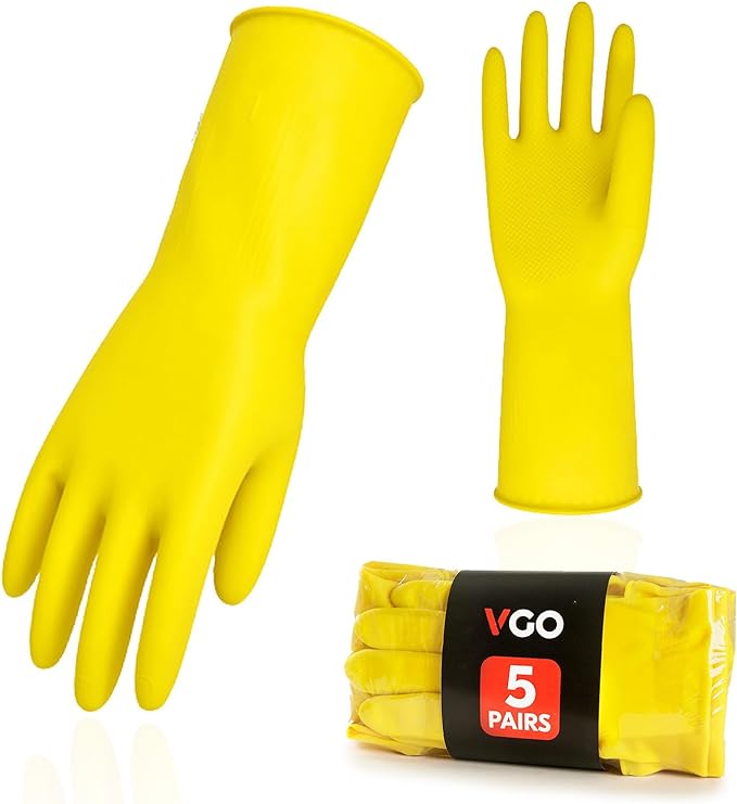 Vgo... 5-Pairs Reusable Household Gloves Rubber Dishwashing gloves Extra Thickness Long Sleeves Kitchen Cleaning Working Painting Gardening Pet Care (Size L Yellow HH4601)