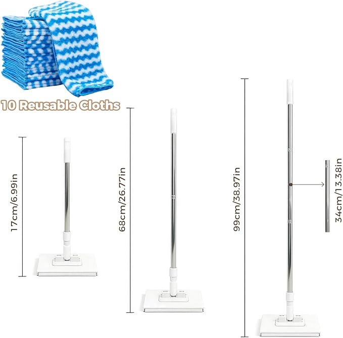 Mini Mop Zero Touch No Wash Lazy Mop with One-Click Cloth Change Compatible with Face Towels Adjustable for Wet/Dry Floors Tile Hardwood Corners (10 Reusable Cloths)