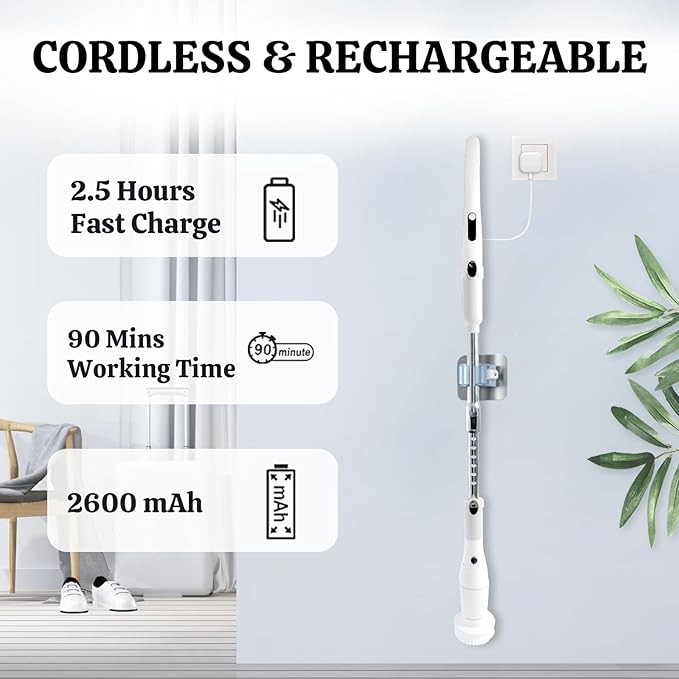 Electric Spin Scrubber with LCD DisplayShower Scrubber with Long HandleCordless Power Cleaning Brush with 8 Brush Heads Electric Scrubber for Bathroom Kitchen CleaningIPX7 Waterproof