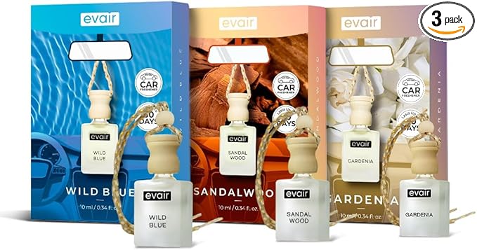 Evair Combo Pack of Car Air Freshener with Essential Oils Fragrances Cool Water Sandalwood &amp Gardenia in Glass Bottle with Wooden Diffuser Lid | Each 10 ml- Pack of 3 white