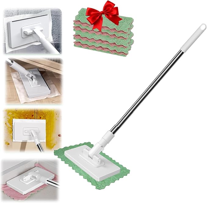Mini Sweeper Mop No-Touch Dirty Cleaning Flat Dust Mop with Locking Head Convenient Cloth Changing Mini Disposable Dust with 4 Reusable Cloths for Multi Surface Clean Wet &amp Dry (White)