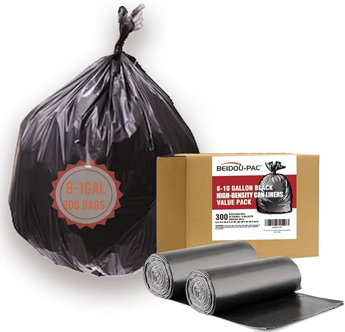8-10 Gallon Trash Bags 300 Count Black Garbage bags Multi-purpose Trash Can Bin Liners for Bathroom Office Industrial Commercial Janitorial Municipal Recycling