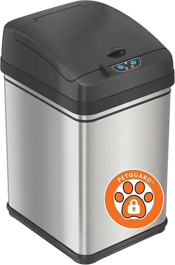 iTouchless 8 Gallon Pet-Proof Sensor Trash Can with AbsorbX Odor Filter Kitchen Garbage Bin Prevents Dogs &amp Cats Opening Lid Stainless Steel plus PetGuard Battery and AC Adapter (Not Included)