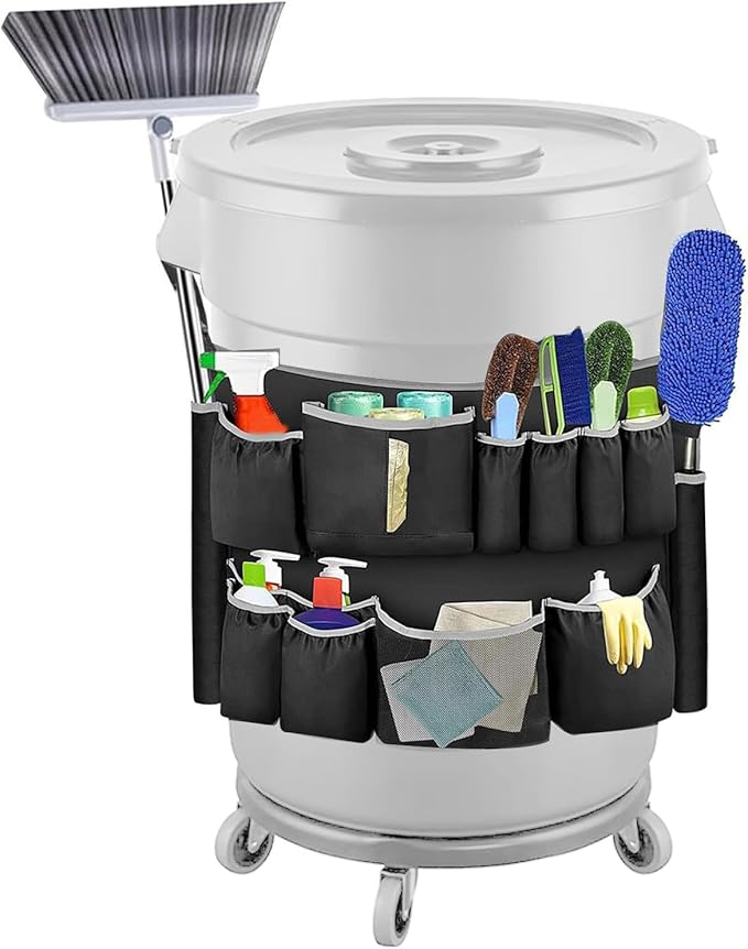 Trash Can Cleaning Tool Bag Trash Can Caddy Bag Multi Pockets Fit 32-55 Gallon Garbage Bin for Cleaning Janitorial Duty