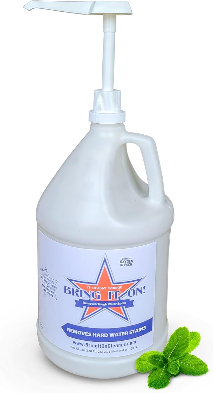 Bring It On Cleaner: Shower Door Hard Water Spot Stain Remover with Oxygen Bleach. Safely Clean Shower Door Glass Tiles Taps Grout and Fiberglass 128oz