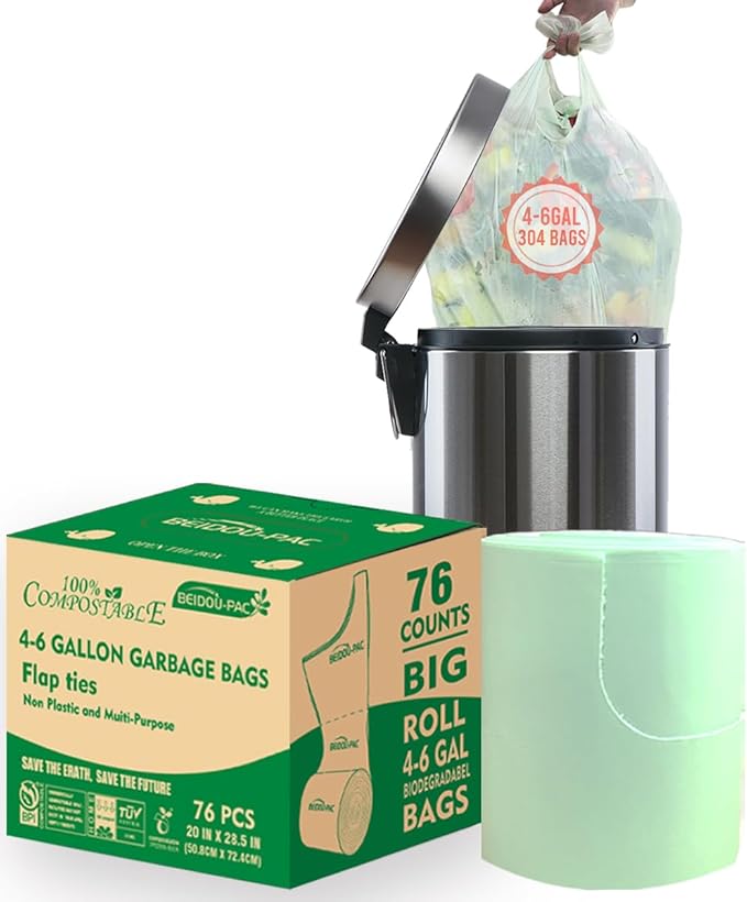 4-6 Gallon Flap Tie Compostable Trash Bags 76 Count Kitchen Compost Bags Sturdy Biodegradable Garbage for Food Scrap Waste ASTM D6400 US BPI Certified