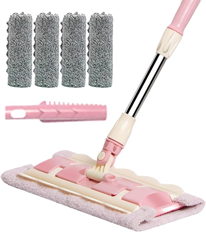 Floor Mop – Reusable Mop with 4 Washable Pads &amp Dust Scraper | 360° Rotatable Telescopic Cleaning Tool for Tile Wood Kitchen &amp Bathroom Floor