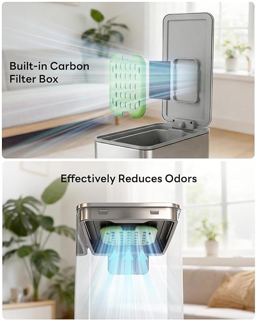 10L/2.6G Slim Bathroom Trash Can Narrow Stainless Steel Soft-Close Step Pedal Bin with Lid Odor Control Carbon Box Removable Inner Bucket Small Waste Bin for Bedroom Office RV (Silver)