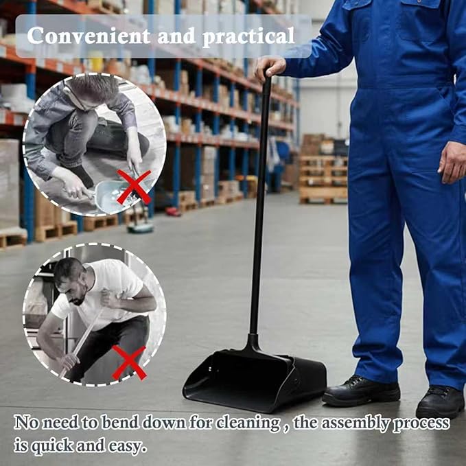 3-Pack Commercial Upright Dust Pan with Long Handle and Wheels – Heavy Duty Large Dust Pans for Indoor/Outdoor Use Janitorial or House Cleaning Tools Black Standing Dustpan