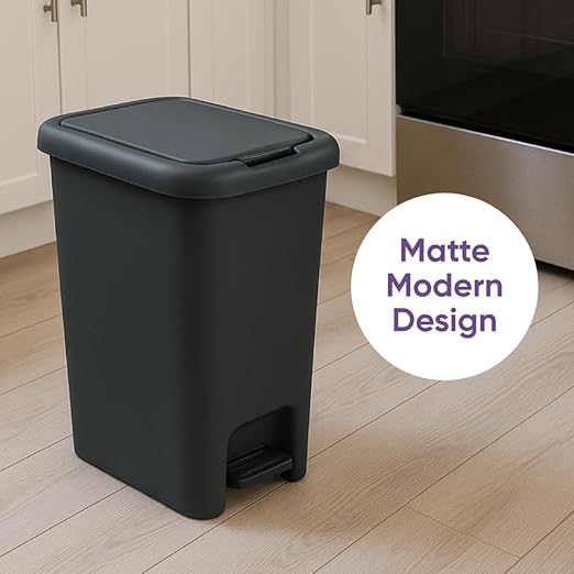 Superio 6.5L Slim Step &amp Push Trash Can - Dual Opening Smooth Matte Finish Durable Plastic (9.5x7x11.5) - Black