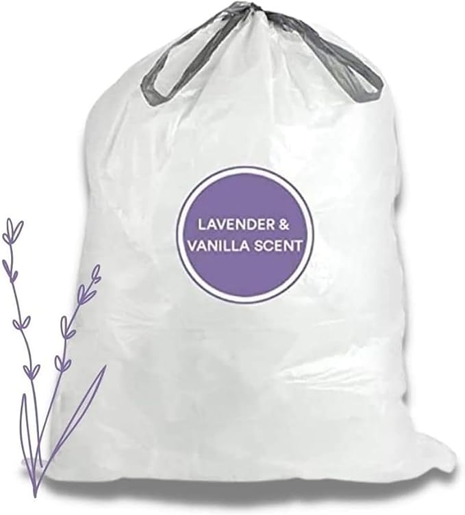 Plasticplace White Drawstring Lavender and Soft Vanilla Scented Garbage Can Liners Compatible with Code H (200 Count) 8-9 Gallon / 30-35 Liter 18.5 x 28