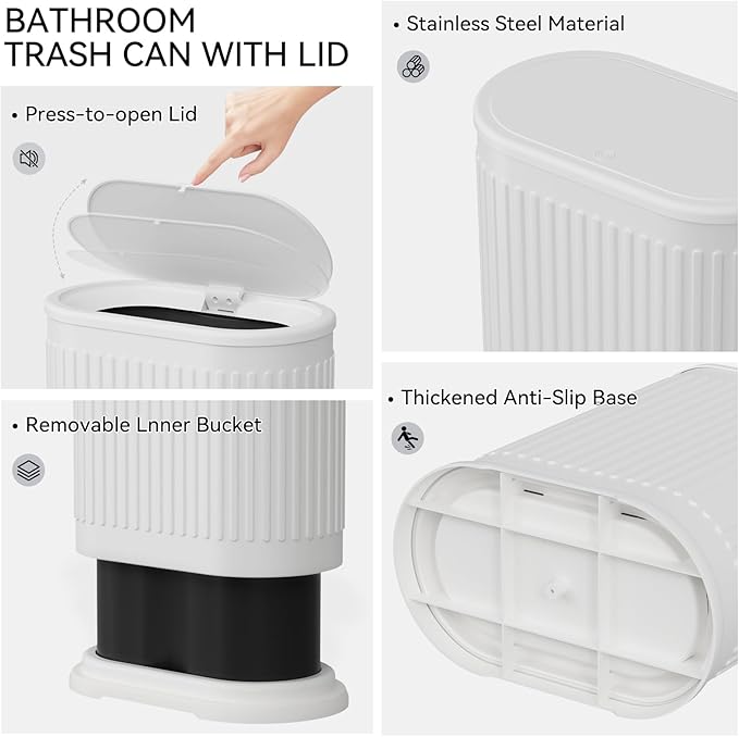 Stainless Steel Bathroom Trash Can and Toilet Brush Set1.6 Gallon Small Trash Bin with Press Type Lid White Bathroom Sets with Curtain and Liner for Bathroom