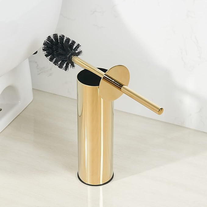 Toilet Brush and Holder Set Gold Stainless Steel 304 Heavy Duty Round Toilet Brush Set – Rust Resistant Long Handle Replacement Heads Floor Standing Bathroom Toilet Cleaning Brush