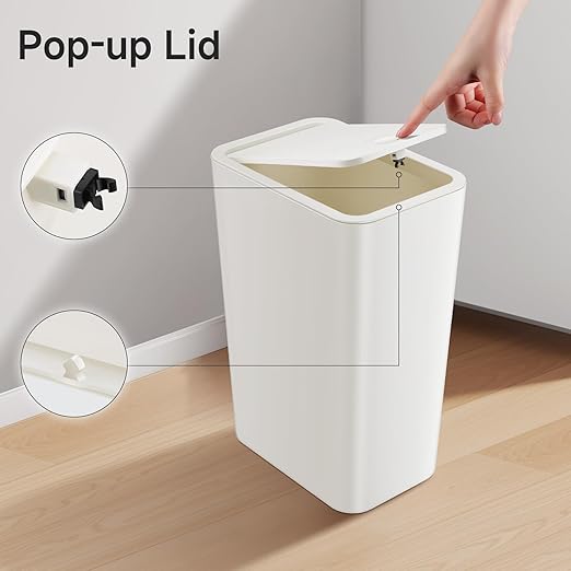 TIPGO Bathroom Trash Can with Lid 4 Gallon / 15 Liter Small Garbage Can Press Top Bin Plastic Wastebasket with Pop-Up Lid for Bedroom Living Room Office (White)