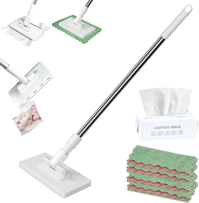 Convenient Cloth Changing Mini Mop No Wash Mop No Touch - Press to Fix &amp One-Click Disassembly 39in Long Handle Retractable 360 Rotation Lazy Mops Clip Mops (1Pc+5 Reusable Cloth+Clean Cloth)
