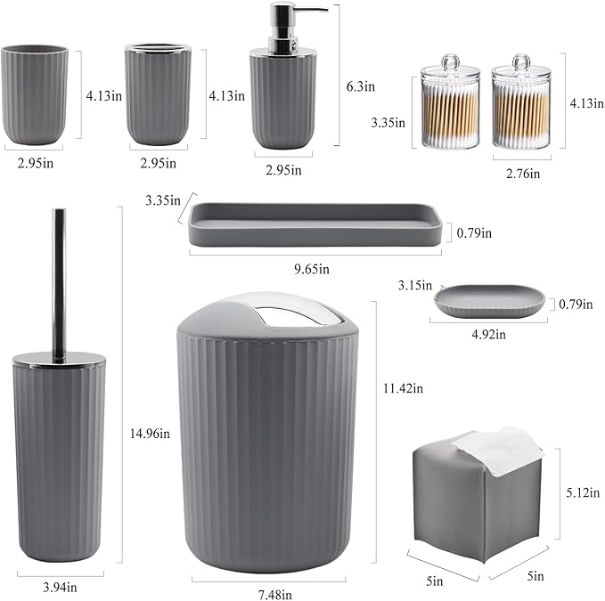 Bathroom Accessory Set - 10 Piece Grey Bathroom Accessories Set with Trash Can Toothbrush Holder and Cup Soap Dispenser Soap Dish Toilet Brush Holder Vanity Tray Qtip Holder Tissue Box Cover