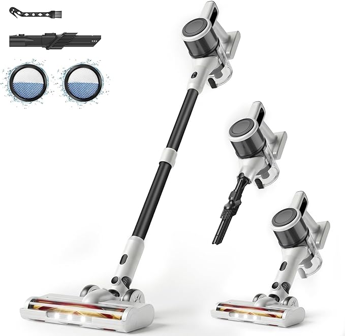 Cordless Vacuum Cleaner for Home - Lightweight Stick Vacuum Clean with Rechargeable Battery Max 45Mins Runtime 8 in 1 Handheld Vacuum for Hardfloor &amp Carpets Pet Hair White&ampYellow