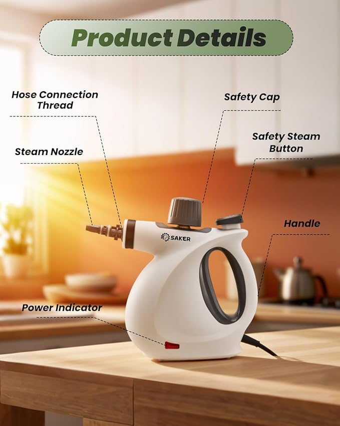 Saker Handheld Steam Cleaner UpgradedPortable Steam Cleaner for Home1050W Steam CleanerQuick Heating &amp Deep Cleaning of Floors Cars and Kitchen(with 5 Fiber Cloths)