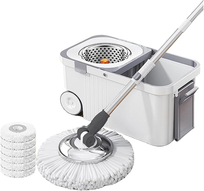 Rotary Mop Set with 6 Replacement Head Refills Extended Handle Hand-Free Automatic Dehydration Cleaning Spin with Bucket(White)