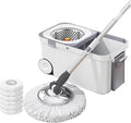 Rotary Mop Set with 6 Replacement Head Refills Extended Handle Hand-Free Automatic Dehydration Cleaning Spin with Bucket(White)