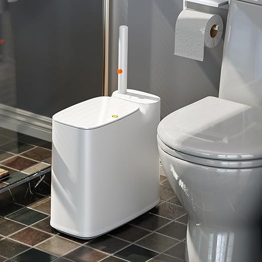 CTIME Bathroom Trash Can Set - Narrow White Plastic Small Trash can a Toilet Wand Toilet Brush Holder and 36 Refills 2 Gallon Trash can with pop-up lid Suitable for bathrooms and Small Toilets.