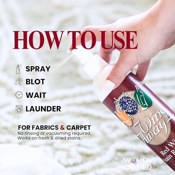 Wine Away Red Wine Stain Remover - Perfect Fabric Upholstery and Carpet Cleaner Spray Solution - Removes Wine Spots - Wine Out - Spray and Wash Laundry to Vanish Stain - 12 Ounce Set of 3