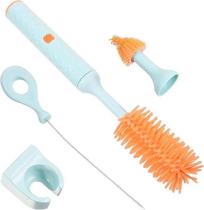 Electric Bottle Brush Cleaner Set for Babies 360° Rotatable Silicone Milk Bottle and Nipple Cleaning Brushes Detachable Automatic Cleaning Tool Kit Blue Three-Piece Set for