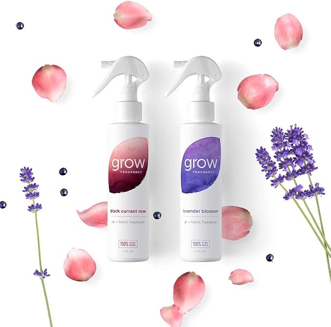 Grow Fragrance Scented Fabric and Room Air Freshener Spray - Certified Non-Toxic 100% Plant-Based Essential Oils - 5 oz (Lavender Blossom + Black Currant Rose 2-Count)