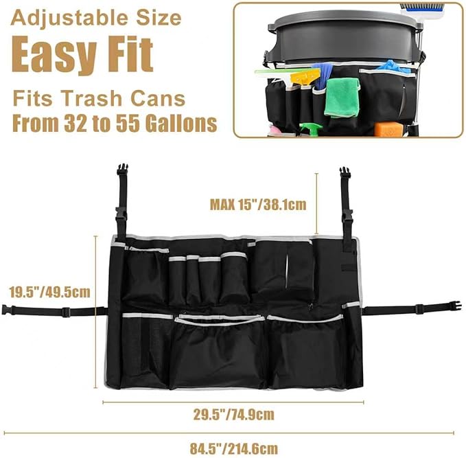 Trash Can Caddy Bag Upgraded Large Cleaning Caddy fits for 32-55 Gallon Garbage Bin Multi-Pocket Garbage Bin Caddy Organizer for House Cleaners &amp Janitorial Duties Gray Edge