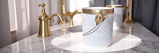 Decorative Trash Can Elegant Resin Carved Waste Basket 8x10 Trash Bin Decor Garbage Can for Office BathroomBedroomLivingroom 8L/2.2Gallon(Gold&ampWhite)