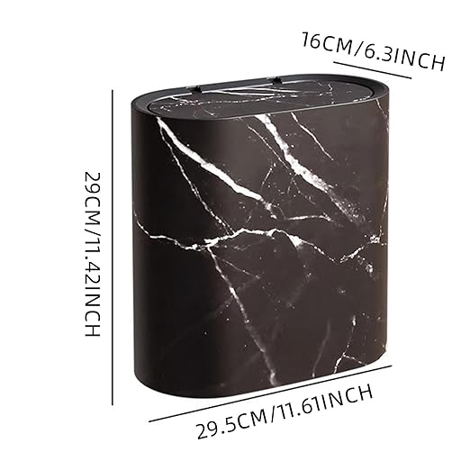 Bathroom Garbage Can with Lid Plastic Marble Wood Pattern Trash Can Modern Waste Basket for Home Indoor Hote Small Garbage Bin Narrow Kitchen Trash Can Durable &amp Space-Efficient (Black)