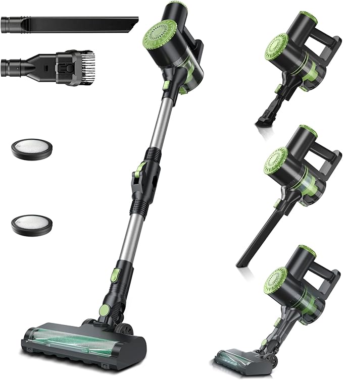 Cordless Vacuum Cleaner Lightweight Stick Vacuum Cleaner 6 in 1 Self-Standing with Powerful Suction 180° Bendable Wand Rechargeable Cordless Vacuum for Hardwood Floor (Green)