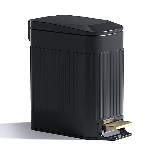 Small Bathroom Trash Can with Lid Soft Close-6L/1.6 Gal Slim Step Garbage Can-Metal Pedal Wastebasket-Narrow Rectangle Garbage Container Bin for Corner Office Bedroom Toilet Live Room-Black