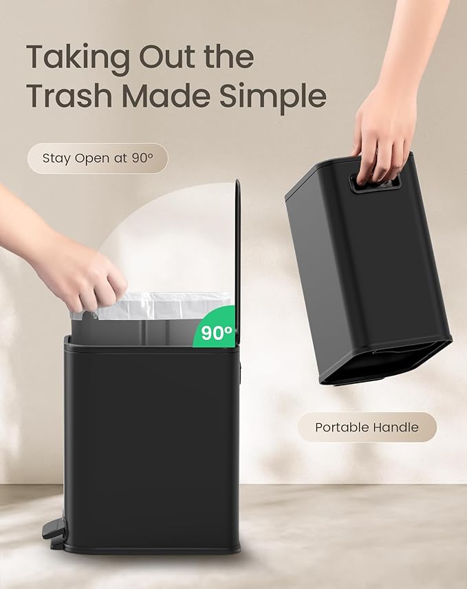 Cesun Small Bathroom Trash Can with Lid Soft Close Step Pedal 5 Liter / 1.3 Gallon Stainless Steel Garbage Can with Removable Inner Bucket Waste Basket for Bathroom Bedroom (Matte Black)