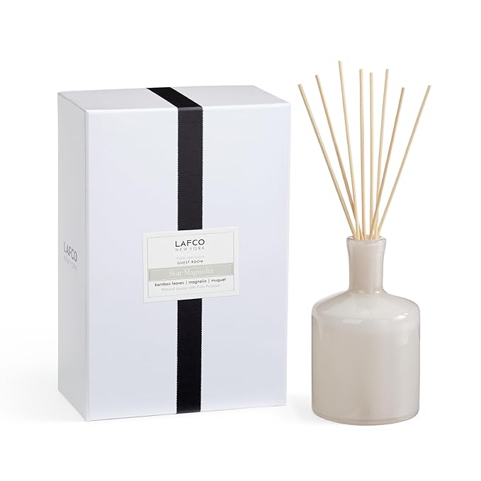 LAFCO New York Signature Reed Diffuser Star Magnolia - 15 oz - Up to 9 Months Fragrance Life - Reusable Hand Blown Glass Vessel - Natural Wood Reeds - Made in The USA