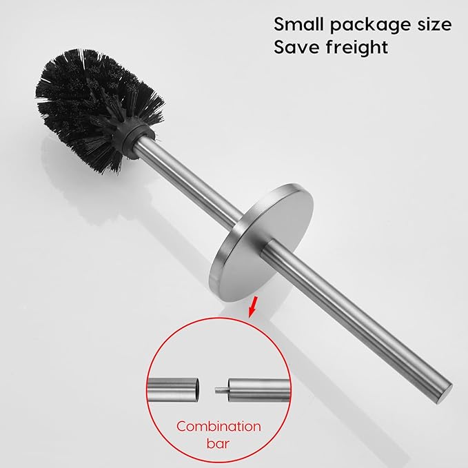 Brushed Stainless Steel Toilet Brush and Cover No-Punch Hook Base Dual Purpose Toilet Brush Holder with Removable Inner Bucket and Splash Cover - Soft Bristles (Brushed)