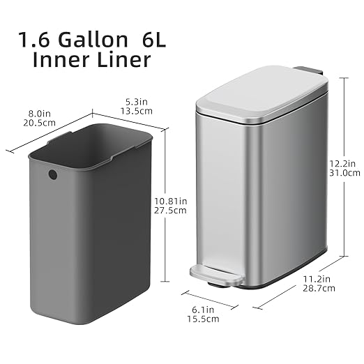 KUK Slim Bathroom Trash Can with Lid 1.6 Gal / 6L Stainless Steel Small Garbage Bin with Detachable Inner Bucket Step Pedal Silent Close Wastebasket for Toilet Bedroom Home Office (Silver)