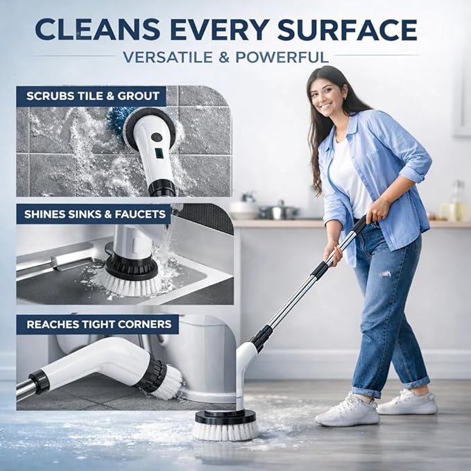 Sumoria Scrubber Electric Spin Scrubber 400 RPM Cordless Power Scrubber with 8 Replaceable Brushs Waterproof Ipx7 for Bathtub Kitchen Window (1 Set)